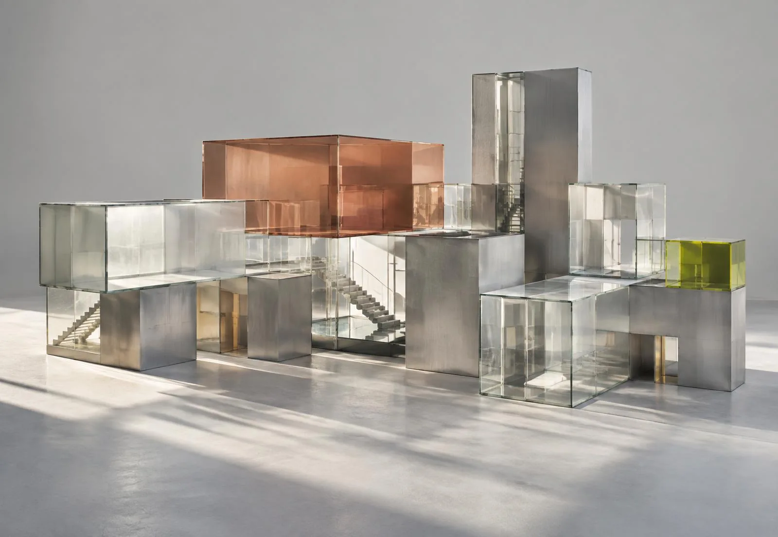 Sculptural modular city made from glass and metal blocks in soft daylight